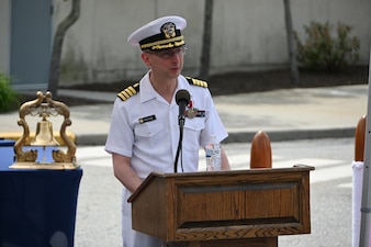 Capt. John Hoyos, outgoing officer in charge Navy Medicine Readiness and Training Unit (NMRTU) Groton gives remarks during change of charge held on board NMRTU Groton, Connecticut, May 27, 2025. Capt. John Hoyos, was relieved by Cmdr. Dean Kang. Cmdr. Kang comes to NMRTU Groton from NMRTC Bremerton, where he served as the pharmacy department head. (U.S. Navy photo by Lt. Sydney Wall)