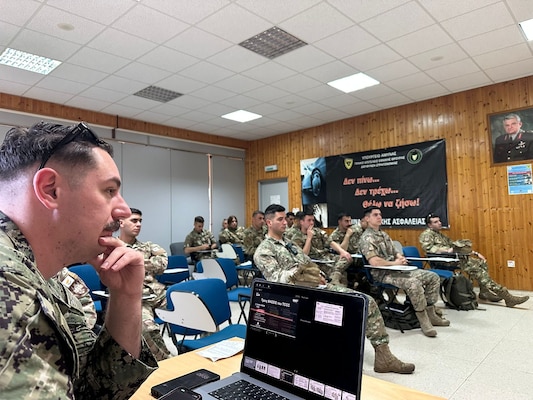 250509-N-TY711-4634 LIMASSOL, Cyprus (May 9, 2025) U.S. Navy corpsmen assigned to U.S. Navy Medicine Readiness and Training Command (NMRTC) Rota and NMRTC Sigonella conduct Tactical Combat Casualty Care (TCCC) Combat Lifesaver (CLS) training for Cypriot military personnel in Limassol, Cyprus, May 5–9, 2025. The course combined classroom instruction with hands-on simulation to enhance battlefield trauma response and allied interoperability. (U.S. Navy courtesy photo)