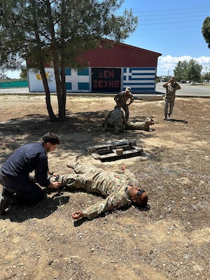 250509-N-TY711-5275 LIMASSOL, Cyprus (May 9, 2025) U.S. Navy corpsmen assigned to U.S. Navy Medicine Readiness and Training Command (NMRTC) Rota and NMRTC Sigonella conduct Tactical Combat Casualty Care (TCCC) Combat Lifesaver (CLS) training for Cypriot military personnel in Limassol, Cyprus, May 5–9, 2025. The course combined classroom instruction with hands-on simulation to enhance battlefield trauma response and allied interoperability. (U.S. Navy courtesy photo)