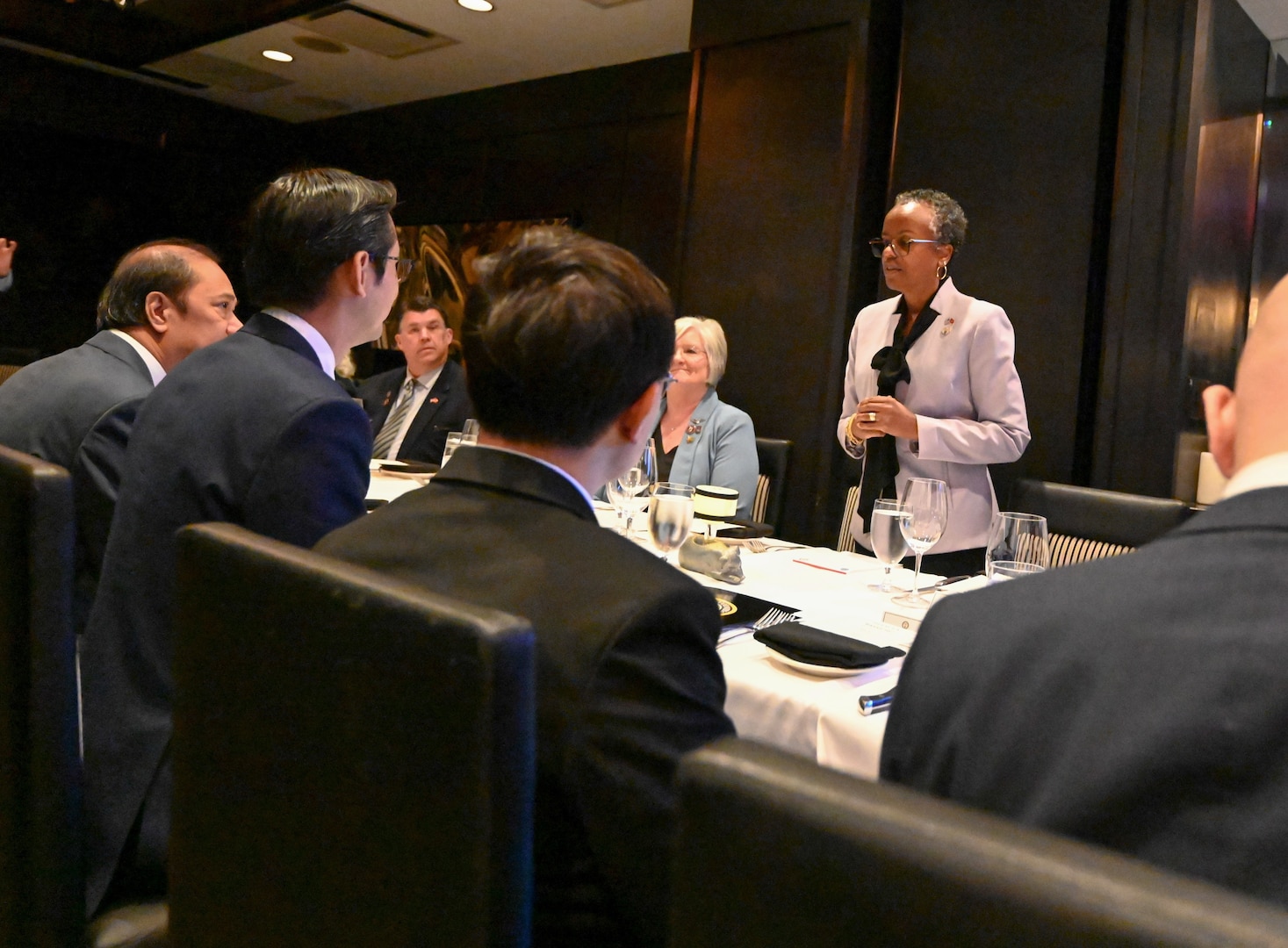 Defense POW/MIA Accounting Agency principal deputy director, Fern Sumpter Winbush, gives opening remarks during a luncheon with a Vietnamese delegation, Washington D.C., May 21, 2025.