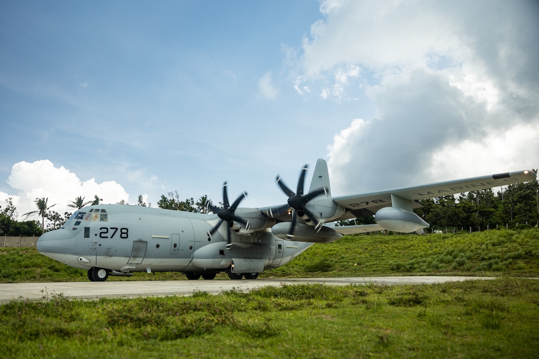 A KC-130J Super Hercules assigned to Marine Aerial Refueler Transport Squadron (VMGR) 352 prepares to depart after inserting Marines with 3d Littoral Combat Team, 3d Marine Littoral Regiment, 3d Marine Division, and the Navy-Marine Expeditionary Ship Interdiction System into the Batanes Island chain during the Maritime Key Terrain Security Operation as a part of Exercise KAMANDAG 9 in the Philippines, May 25, 2025.