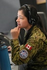 uniformed coalition member wearing a headset working on a computer