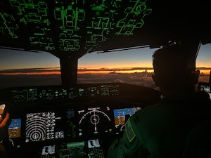 A 22nd Air Refueling Wing pilot flies a KC-46A Pegasus from McConnell Air Force Base, Kansas, that is participating in a Maximum Endurance Flight around the globe called Project Magellan June 29, 2024. Magellan was the world’s first nonstop, KC-46 westbound circumnavigation endurance flight that took off from McConnell June 29 and landed again July 1. (Courtesy Photo)