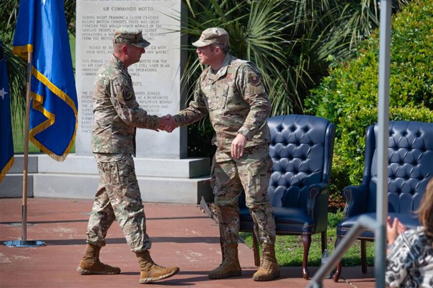 During the ceremony, Lt. Gen. Michael, Air Force Special Operations Command commander passed the guidon to Chief Master Sgt. Courtney Freeman, AFSOC's incoming command chief.