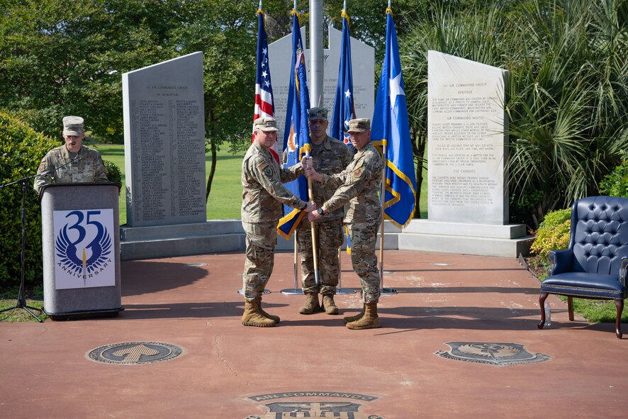During the ceremony, Lt. Gen. Michael, Air Force Special Operations Command commander passed the guidon to Chief Master Sgt. Courtney Freeman, AFSOC's incoming command chief.