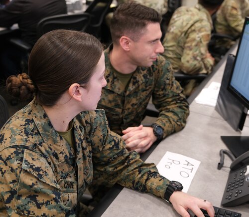 uniformed U.S. Marines work at a computer
