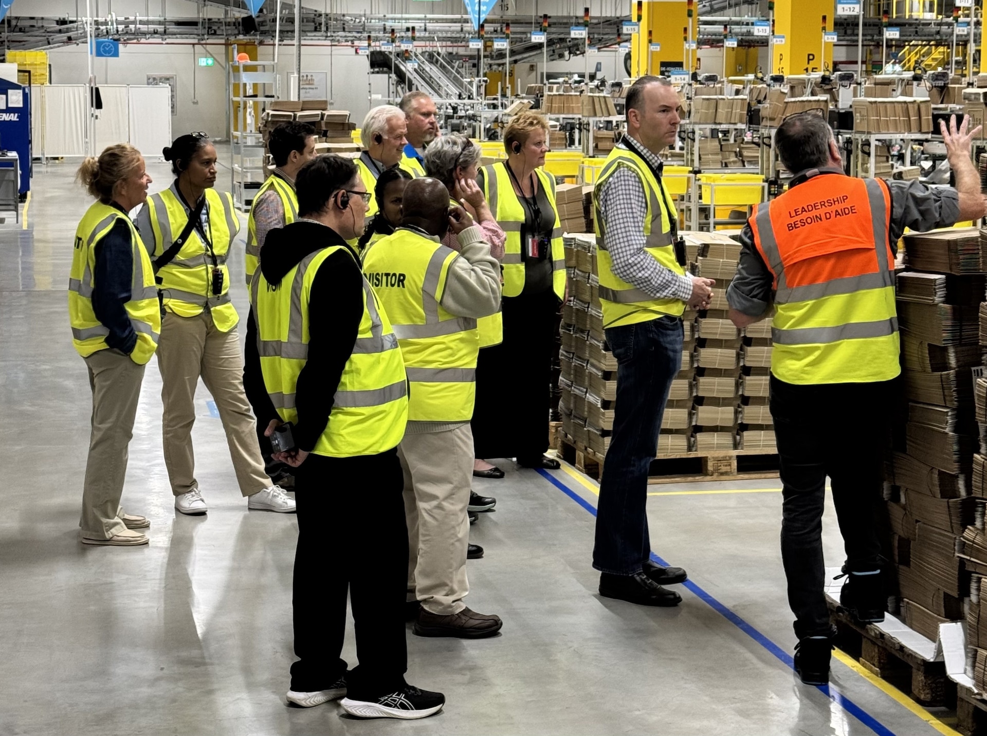 The 405th Army Field Support Brigade headquarters conducted a professional development staff visit to the Amazon Fulfillment Center in West Kaiserslautern May 30. There, they were greeted by Frederic Le Pon, the operations manager for outbound shipping, who provided a briefing and tour of the center.