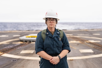 Hospital Corpsman 1st Class Courtney Dion, assigned to Pre-Commissioning Unit (PCU) Harvey C. Barnum Jr., poses for a photo onboard USS Paul Ignatius (DDG 117). HM1 Dion was selected for Commander, Naval Surface Force Atlantic Shore Sailor of the Year and U.S. Fleet Forces Command Sailor of the Year for fiscal year 2024. (Courtesy photo)