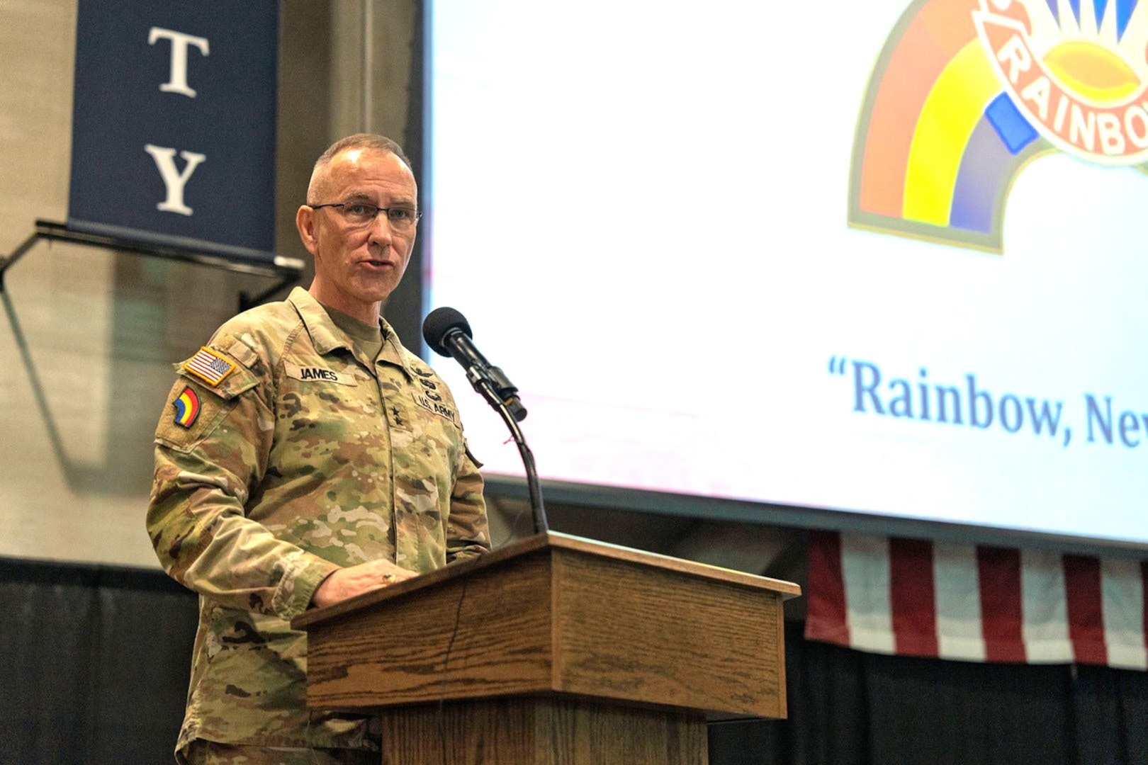 Major General Jack James, the commander of the New York Army National Guard's 42nd Infantry Division, speaks to Soldiers and family members gathered for a farewell ceremony at the Nassau County Police Academy in Garden City on June 1, 2025.