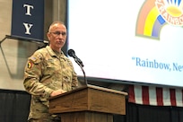 Major General Jack James, the commander of the New York Army National Guard's 42nd Infantry Division, speaks to Soldiers and family members gathered for a farewell ceremony at the Nassau County Police Academy in Garden City on June 1, 2025.