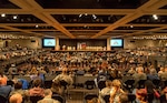 Soldiers of the New York Army National Guard's 42nd Infantry Division and their family members fill the Empire State Convention Center in Albany during a farewell ceremony held on June 1, 2025. Five hundred Soldiers assigned to the division headquarters are deploying to the Central Command area of operations for ten months later this summer.