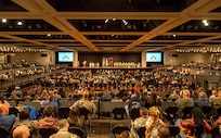 Soldiers of the New York Army National Guard's 42nd Infantry Division and their family members fill the Empire State Convention Center in Albany during a farewell ceremony held on June 1, 2025.