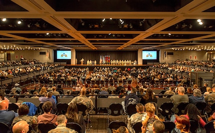 Soldiers of the New York Army National Guard's 42nd Infantry Division and their family members fill the Empire State Convention Center in Albany during a farewell ceremony held on June 1, 2025.
