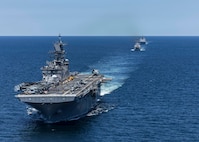 ATLANTIC OCEAN (May 22, 2025) The Wasp-class amphibious assault ship USS Iwo Jima (LHD 7), the Arleigh Burke-class guided missile destroyer USS Gonzalez (DDG 66), and the San Antonio-class amphibious transport dock ships USS Fort Lauderdale (LPD 28) sail in formation during a simulated strait transit. The Iwo Jima Amphibious Ready Group (ARG) and 22nd Marine Expeditionary Unit (MEU) are conducting ARGMEUEX which prepares integrated naval task forces for sustained, high-end Joint and combined combat. Integrated naval training provides combatant commanders and the Commander-in-Chief highly capable forces that deter adversaries, underpin American security and economic prosperity, and reassure Allies and partners. (U.S. Navy photo by Mass Communication Specialist Seaman Andrew Eggert)