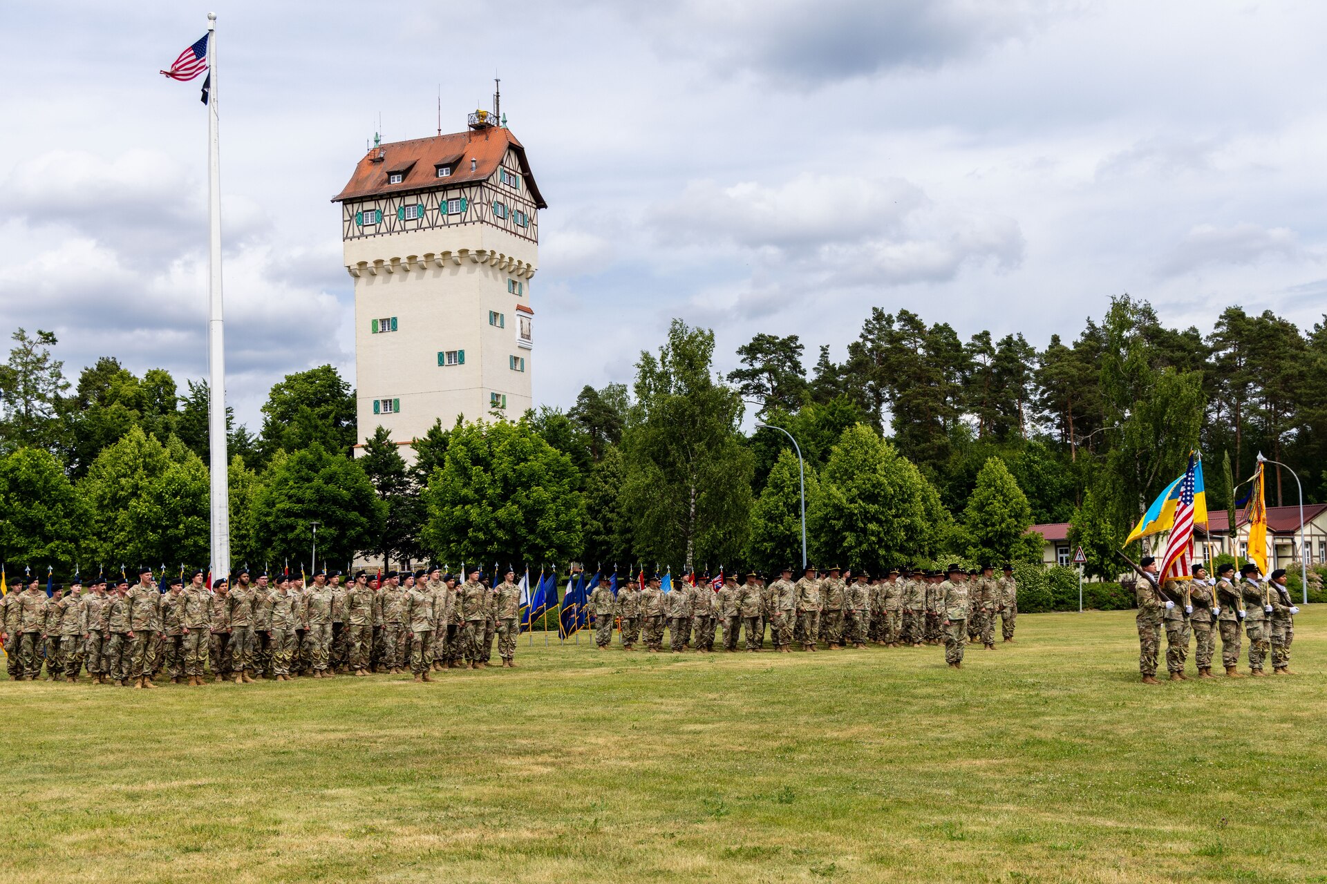 The Joint Multinational Training Group-Ukraine holds a transfer of authority ceremony at Tower Barracks, Grafenwoehr, Germany, June 1, 2025. The ceremony commemorated the transfer of the JMTG-U mission from the 56th Stryker Brigade Combat Team, Pennsylvania National Guard, to the 278th Armored Cavalry Regiment, Tennessee National Guard. (U.S. Army National Guard photo by Capt. Leanne Demboski)