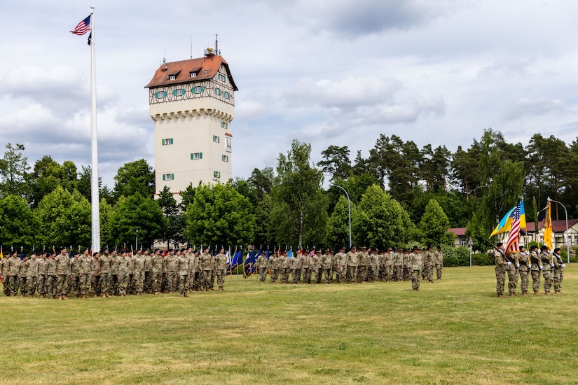 The Joint Multinational Training Group-Ukraine holds a transfer of authority ceremony at Tower Barracks, Grafenwoehr, Germany, June 1, 2025. The ceremony commemorated the transfer of the JMTG-U mission from the 56th Stryker Brigade Combat Team, Pennsylvania National Guard, to the 278th Armored Cavalry Regiment, Tennessee National Guard. (U.S. Army National Guard photo by Capt. Leanne Demboski)