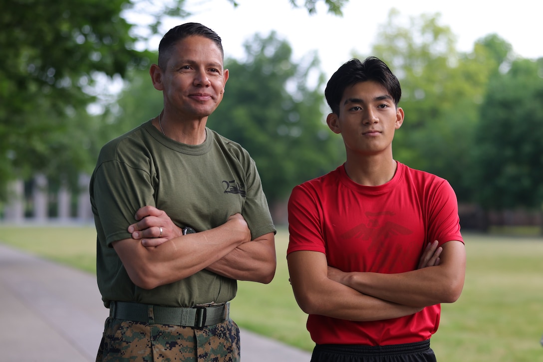 U.S. Marine Corps Sgt. Maj. Carlos A. Ruiz, the 20th Sergeant Major of the Marine Corps, left, congratulates poolee Labar Nor, Recruiting Sub-Station Murfreesboro, Recruiting Station Nashville, for shipping out to recruit training after attending physical training at Bicentennial Park in Nashville, June 2, 2025. During Marine Week Nashville, Marines with Marine Corps Recruiting Command interacted with local high schools and businesses and supported sporting events, ceremonies and performances from the U.S. Marine Corps Silent Drill Platoon and the 2nd Marine Aircraft Wing Band.  

(U.S. Marine Corps photo by Lance Cpl. Brenna Ritchie)