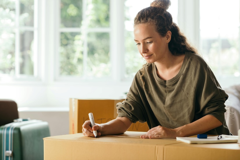 Woman writes at a desk.