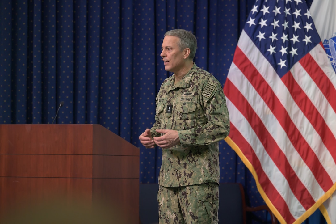 Joint Staff Vice Director for Operations Rear Adm. Paul C. Spedero Jr. speaks to Defense Logistics Agency employees at Fort Belvoir, Virginia, May 30, 2025