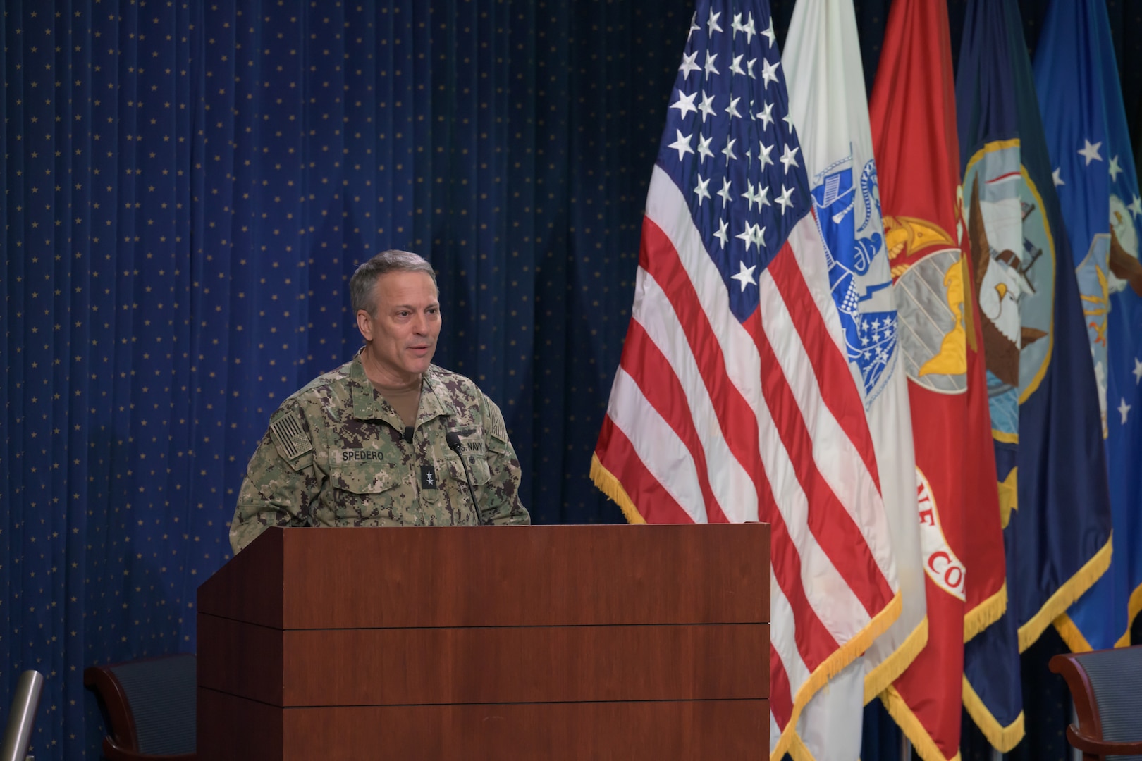 Joint Staff Vice Director for Operations Rear Adm. Paul C. Spedero Jr. speaks to Defense Logistics Agency employees