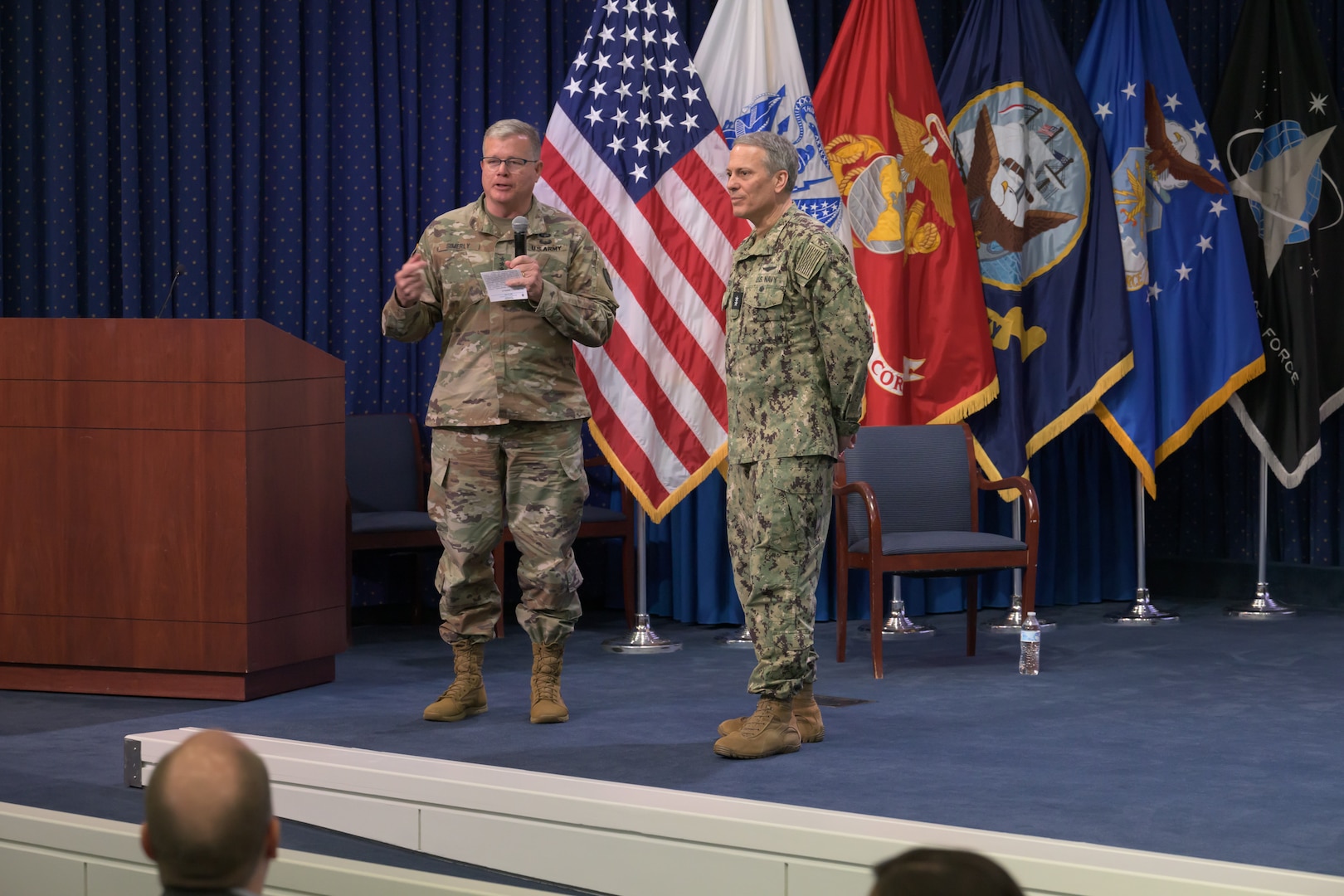 Defense Logistics Agency Director Army Lt. Gen. Mark Simerly, left, thanked Joint Staff Vice Director for Operations Rear Adm. Paul C. Spedero Jr. after a Campaign of Learning Warfighter Talk about challenges and opportunities in the operational environmen