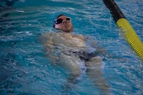 U.S. Army Staff Sgt. Justin Callison practices swimming on his back during swim practice at the 2025 Army Trials, Fort Bliss, Texas, April 3, 2025.