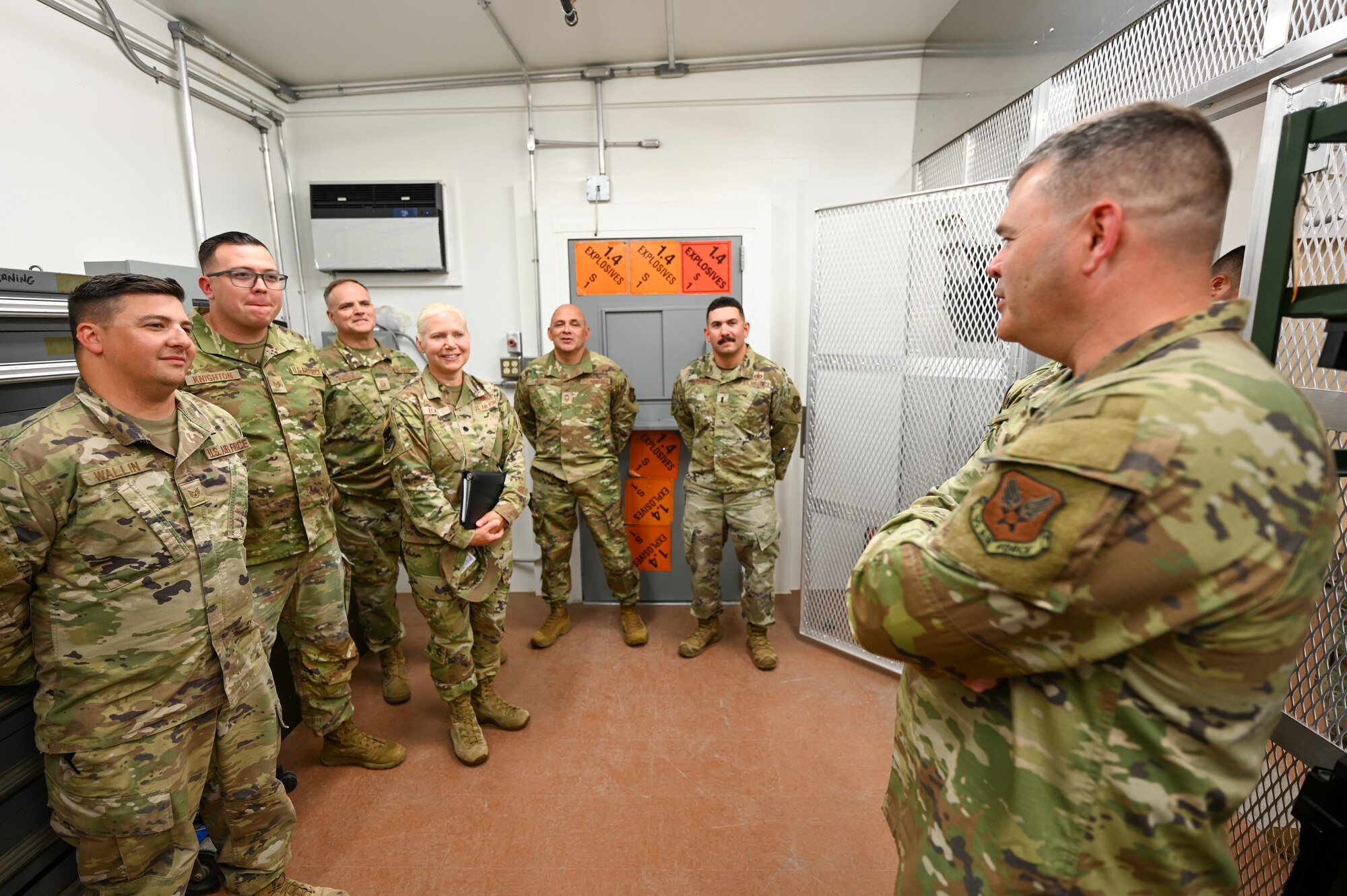Brig. Gen. Brian A. Filler, Director of Security Forces, Deputy Chief of Staff for Logistics, Engineering and Force Protection, Headquarters U.S. Air Force, meets with Citizen Airmen defenders during a tour of the 433rd SFS unit at Joint Base San Antonio-Lackland, Texas, May 3, 2025.