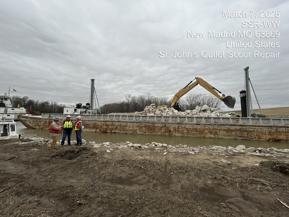 Crews working on the St. Johns Outlet Scour Repairs project near New Madrid, Missouri, are making great progress as they now work to place stone to protect the outlet control structure and bayou from erosion and scouring due to the interior drainage and Mississippi River backwater effects.  

This is part of our maintenance efforts to maintain the Mississippi River and Tributaries Project, ensuring the continued reliability of our flood risk management system in the valley.