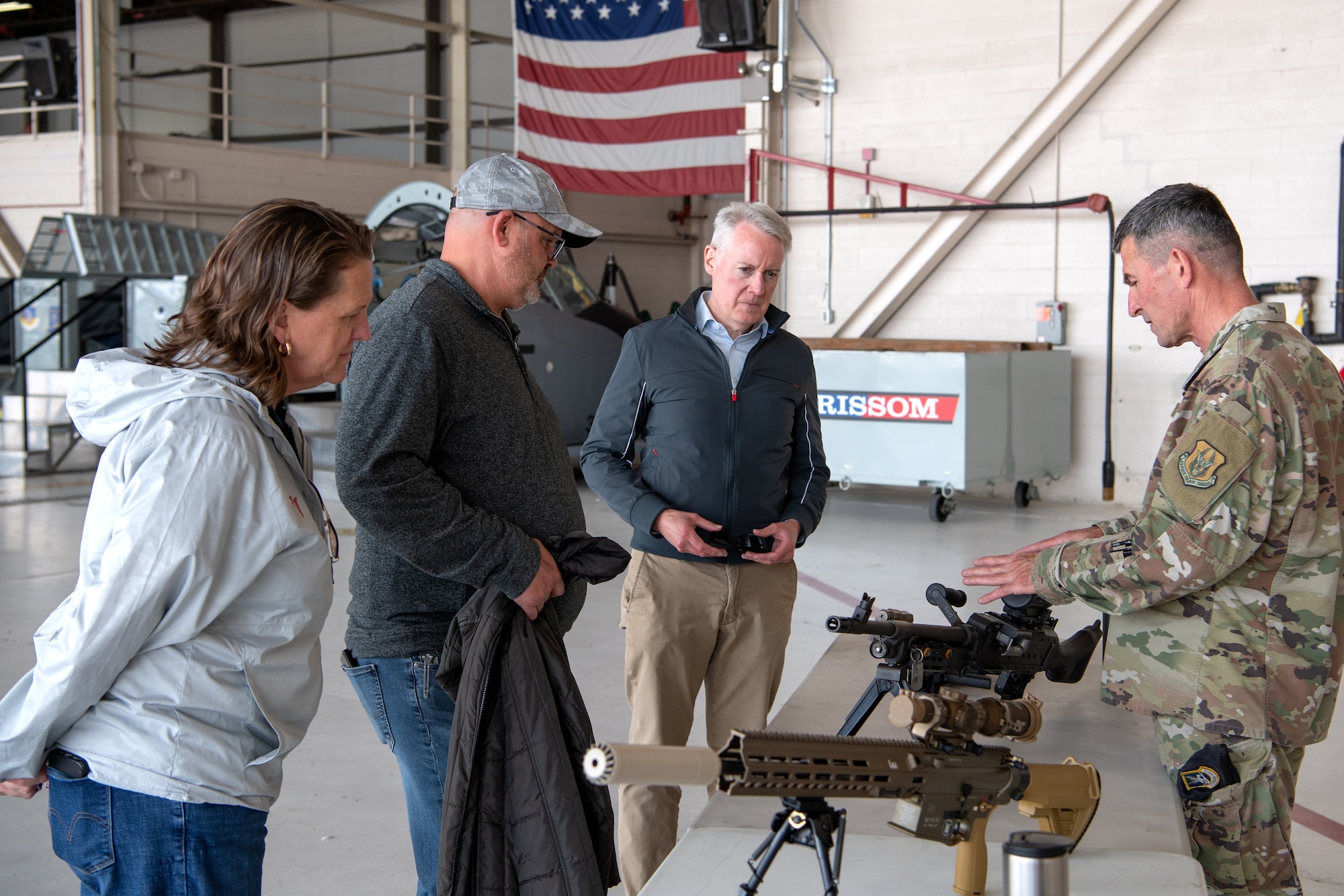 Master Sgt. Alasdair Early, 434th Security Forces Squadron, combat arms NCOIC, demonstrates an assortment of weapons used by the squadron to a group of Indiana state legislator’s during a tour at Grissom Air Reserve Base, Ind., May 29, 2025. Meeting with Airmen helped legislators understand the day-to-day operations of the base to advocate for future sustainment and growth. (U.S. Air Force photo/Ben Mota)