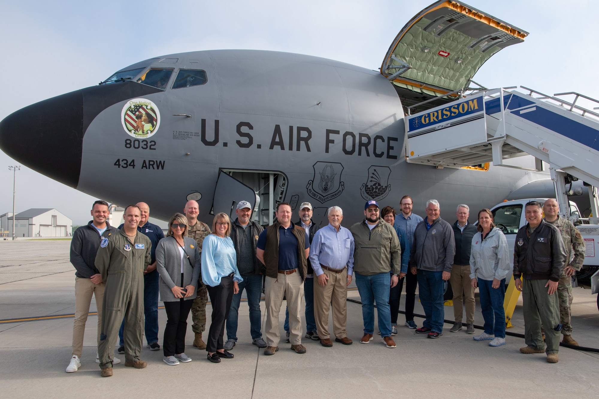 Indiana state legislators and leadership from the 434th Air Refueling Wing, Grissom Air Reserve Base, Ind. and 122nd Fighter Wing, Fort Wayne, Ind., pose for a photo in front
of a Grissom KC-135R Stratotanker shortly before taking off to witness an aerial refueling mission. The wings partnered to showcase their capabilities and give legislators a better understanding of the needs and capabilities of both wings. (U.S. Air Force photo/Ben Mota)