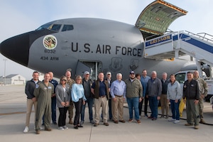 Indiana state legislators and leadership from the 434th Air Refueling Wing, Grissom Air Reserve Base, Ind. and 122nd Fighter Wing, Fort Wayne, Ind., pose for a photo in front
of a Grissom KC-135R Stratotanker shortly before taking off to witness an aerial refueling mission. The wings partnered to showcase their capabilities and give legislators a better understanding of the needs and capabilities of both wings. (U.S. Air Force photo/Ben Mota)