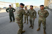 U.S. Air Force Brig. Gen. Brian A. Filler, Director of Security Forces, Deputy Chief of Staff for Logistics, Engineering and Force Protection, Headquarters U.S. Air Force, is greeted by senior leaders from the 433rd Airlift Wing during a visit to the 433rd Security Forces Squadron at Joint Base San Antonio-Lackland, Texas, May 3, 2025.