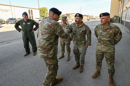 U.S. Air Force Brig. Gen. Brian A. Filler, Director of Security Forces, Deputy Chief of Staff for Logistics, Engineering and Force Protection, Headquarters U.S. Air Force, is greeted by senior leaders from the 433rd Airlift Wing during a visit to the 433rd Security Forces Squadron at Joint Base San Antonio-Lackland, Texas, May 3, 2025.