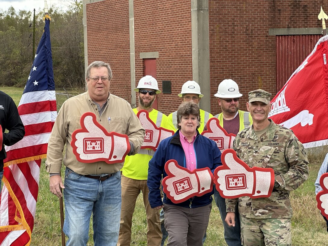 The Memphis District and its partners recently gathered at the Goose Pond Pump Station Rehab site in Alexander County, Illinois, to celebrate the beginning of a significant project with none other than a Wrench Turning Ceremony.

At the ceremony were , Our Non-Federal Partner with the Cairo Drainage District, Mike Turner and Contractor Partner Randy Kinder were both present for the ceremony. Memphis District Commander and District Engineer Col. Brian Sawser, Deputy for Programs and Project Management Donny Davidson, and Project Manager Marsha Raus also attended and represented for the USACE Memphis District.