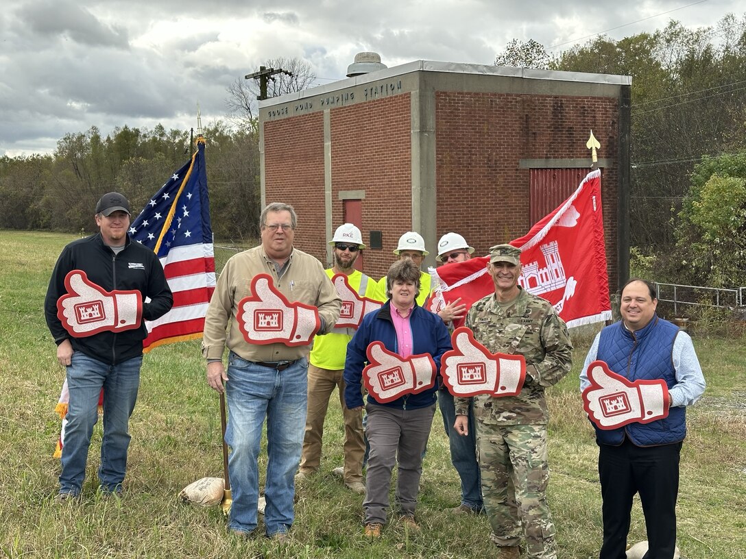 The Memphis District and its partners recently gathered at the Goose Pond Pump Station Rehab site in Alexander County, Illinois, to celebrate the beginning of a significant project with none other than a Wrench Turning Ceremony.

At the ceremony were , Our Non-Federal Partner with the Cairo Drainage District, Mike Turner and Contractor Partner Randy Kinder were both present for the ceremony. Memphis District Commander and District Engineer Col. Brian Sawser, Deputy for Programs and Project Management Donny Davidson, and Project Manager Marsha Raus also attended and represented for the USACE Memphis District.