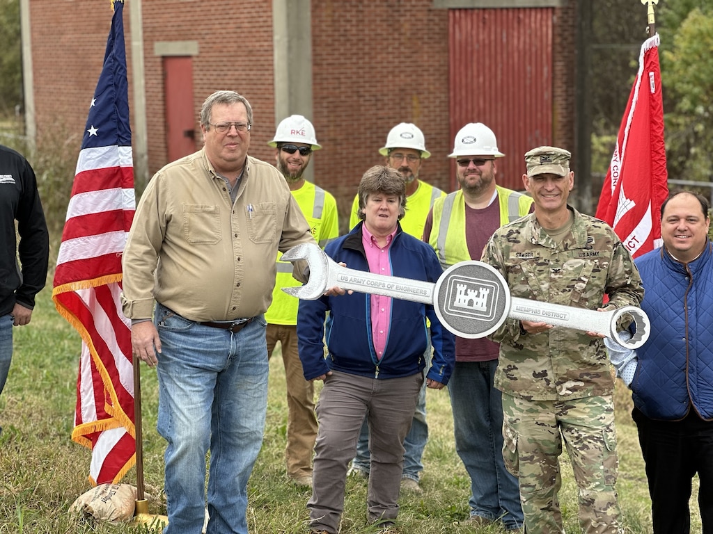 The Memphis District and its partners recently gathered at the Goose Pond Pump Station Rehab site in Alexander County, Illinois, to celebrate the beginning of a significant project with none other than a Wrench Turning Ceremony.

At the ceremony were , Our Non-Federal Partner with the Cairo Drainage District, Mike Turner and Contractor Partner Randy Kinder were both present for the ceremony. Memphis District Commander and District Engineer Col. Brian Sawser, Deputy for Programs and Project Management Donny Davidson, and Project Manager Marsha Raus also attended and represented for the USACE Memphis District.