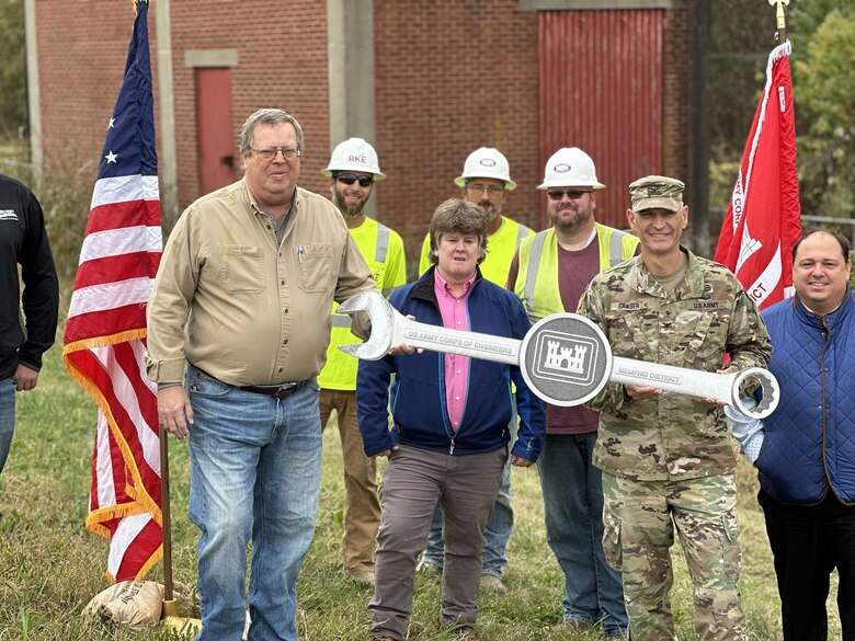 The Memphis District and its partners recently gathered at the Goose Pond Pump Station Rehab site in Alexander County, Illinois, to celebrate the beginning of a significant project with none other than a Wrench Turning Ceremony.

At the ceremony were , Our Non-Federal Partner with the Cairo Drainage District, Mike Turner and Contractor Partner Randy Kinder were both present for the ceremony. Memphis District Commander and District Engineer Col. Brian Sawser, Deputy for Programs and Project Management Donny Davidson, and Project Manager Marsha Raus also attended and represented for the USACE Memphis District.