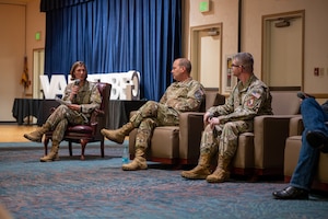 (From left) U.S. Space Force 1st Lt. Anna Ford speaks with USSF Lt. Gen. Douglas A. Schiess, U.S. Space Forces–Space commander and Combined Joint Force Space Component commander, and USSF Col. Justin E. Sorice, Space Delta 5 commander, during the Guardian Path series – Character Panel at Vandenberg Space Force Base, Calif., May 30, 2025. Hosted by Guardian Nexus and attended by Guardians, Airmen and civilians, the event featured four senior leaders, military and civilian, discussing U.S. Space Force core values and the role of character in building resilience and readiness.