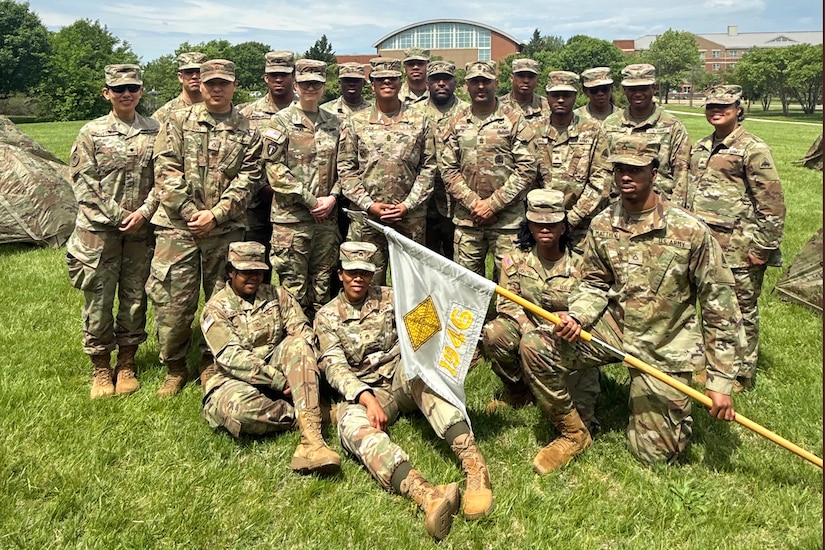 Command Sgt. Maj. L. Allen, U.S. Army Financial Management Command senior enlisted advisor, poses for a photo with the 1946th Theater Finance Company at Joint Base Anacostia-Bolling, Washington, D.C., May 4. During her time with the 1946th T-FICO, Allen observed Soldiers conducting training in preparation for their upcoming annual training with a specific focus on disbursing operations. (U.S. Army photo)