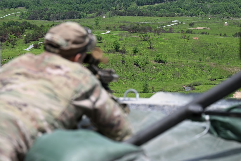 Staff Sgt Andrew Mach, assigned to 107th Attack Wing Security Forces Squadron, selects a target downrange to "zero in" his M110A1 sniper rifle during annual heavy weapons qualification on May 20, 2025 at Fort Indiantown Gap PA. Qualification on the M110A1 sniper rifle is limited to those who demonstrate advanced marksmanship and complete the two-week Advanced Designated Marksman Course, held at Fort Bliss, Texas. New York Air National Guard photo by Capt Jason Carr.