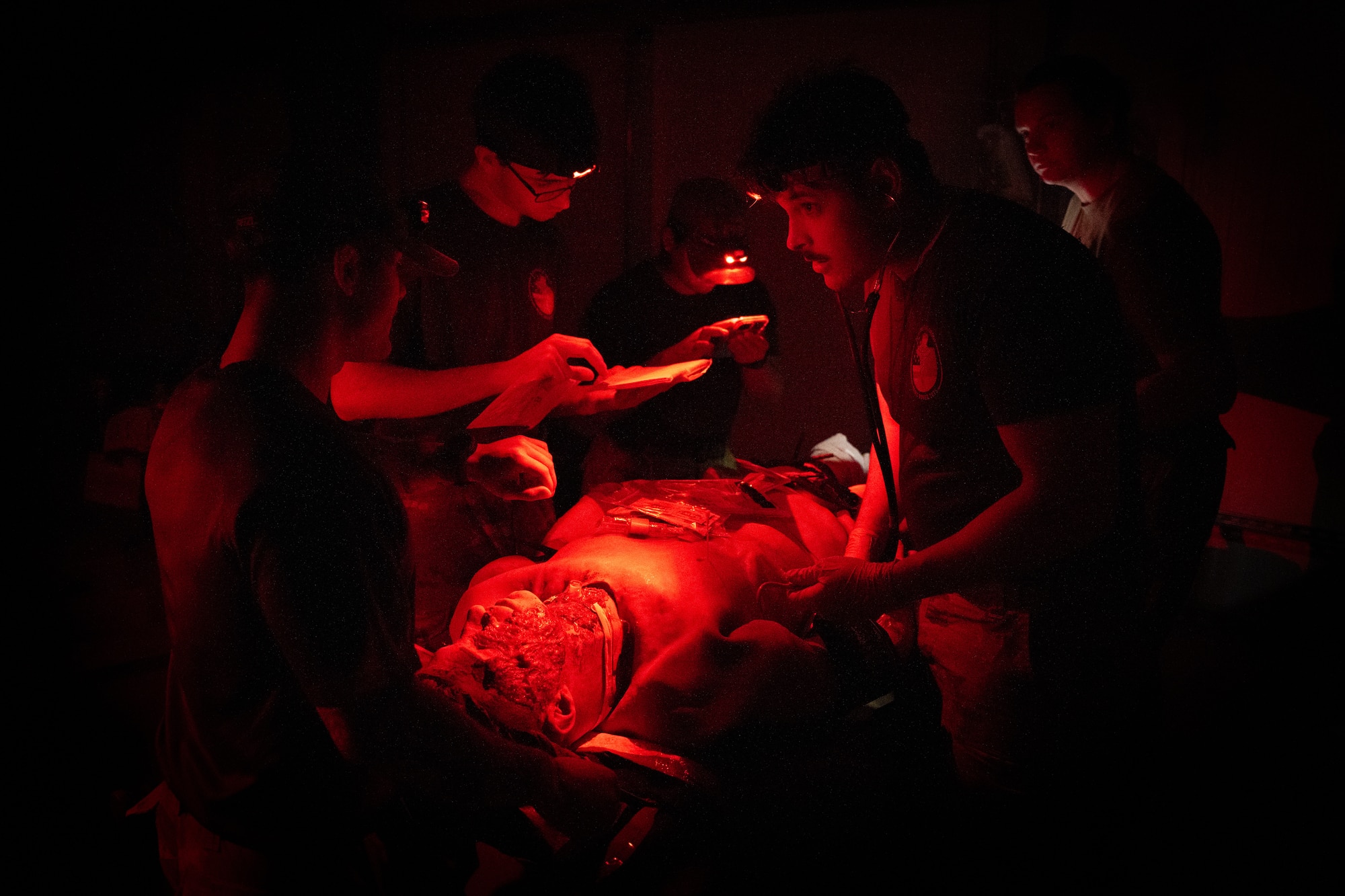 U.S. Air Force medics care for a simulated patient during the 16th Annual Medic Rodeo at Melrose Air Force Range, New Mexico.