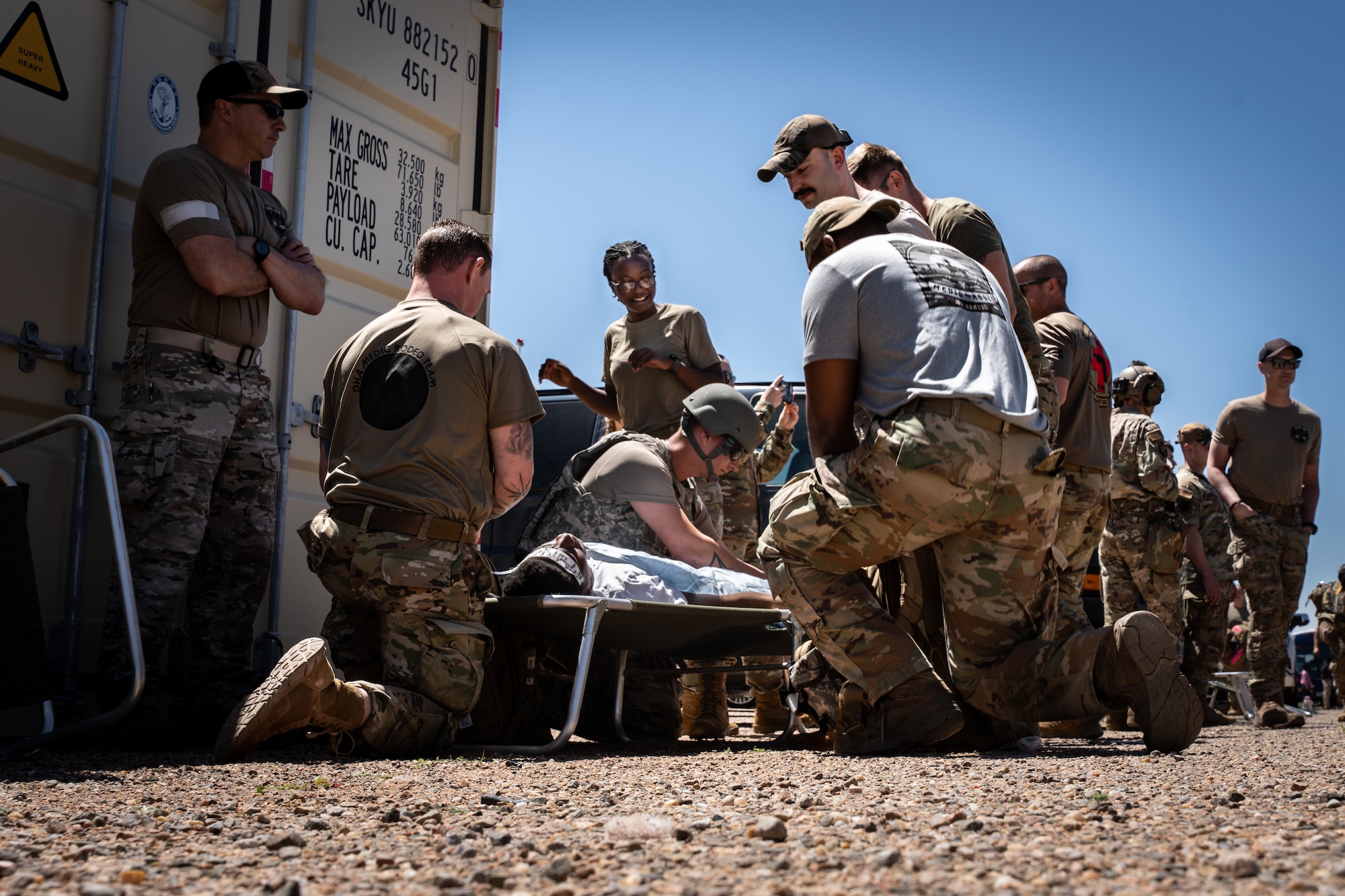 U.S. Air Force medics care for a simulated casualty at Cannon Air Force Base, New Mexico.