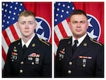 Spcs. Ethan Ward, left, and Brandon Moore, both assigned to the 776th Maintenance Company, Tennessee Army National Guard, received the 2025 USO National Guardsman of the Year award for helping to rescue people being pulled away by flash flooding during Hurricane Helene in September 2024.