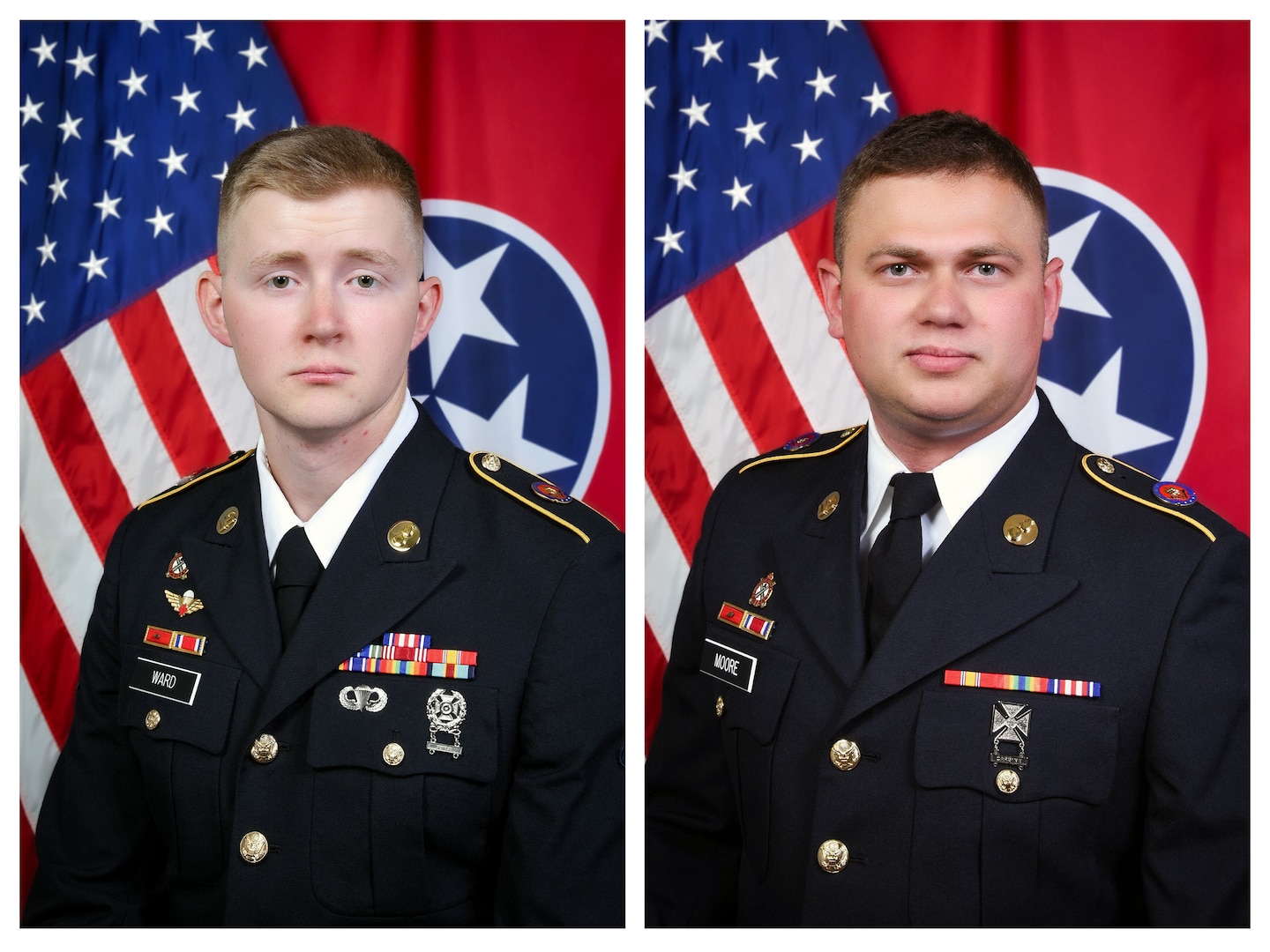 Spcs. Ethan Ward, left, and Brandon Moore, both assigned to the 776th Maintenance Company, Tennessee Army National Guard, received the 2025 USO National Guardsman of the Year award for helping to rescue people being pulled away by flash flooding during Hurricane Helene