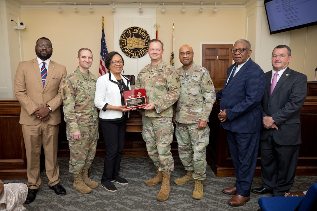 The City of Vicksburg has officially designated June as U.S. Army Corps of Engineers (USACE) Month, recognizing the organization’s enduring legacy and its significant contributions to the local community, the region, and the Nation. Pictured from left to right: Alderman T.J. Mayfield, Col. Jeremiah Gipson (MVK Commander), Patricia Hemphill (MVK Deputy District Engineer for Programs and Project Management), Lt. Col. Garrett Dean (MVD Deputy Commander), Col. Christian Patterson (ERDC Commander), Mayor George Flaggs Jr., and Alderman Alex Monsour.