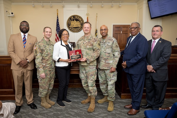 The City of Vicksburg has officially designated June as U.S. Army Corps of Engineers (USACE) Month, recognizing the organization’s enduring legacy and its significant contributions to the local community, the region, and the Nation. Pictured from left to right: Alderman T.J. Mayfield, Col. Jeremiah Gipson (MVK Commander), Patricia Hemphill (MVK Deputy District Engineer for Programs and Project Management), Lt. Col. Garrett Dean (MVD Deputy Commander), Col. Christian Patterson (ERDC Commander), Mayor George Flaggs Jr., and Alderman Alex Monsour.