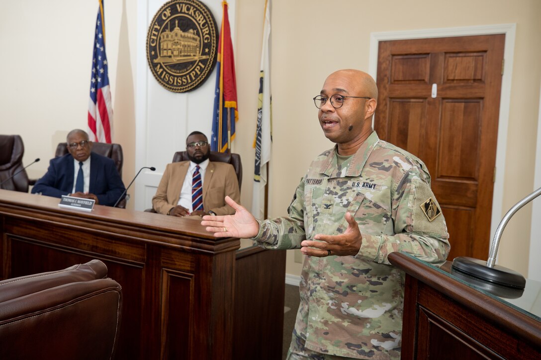 The City of Vicksburg has officially proclaimed June as U.S. Army Corps of Engineers (USACE) Month, celebrating the organization’s lasting impact on the local community, the region, and the Nation. ERDC Commander Col. Christian Patterson is pictured expressing his appreciation for the honor.