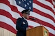U.S. Air Force Col. Jesse Lamarand, 5th Bomb Wing commander, gives a speech during the change of command ceremony at Minot Air Force Base, North Dakota, June 2, 2025. A change of command ceremony is a formal military tradition that signifies the transfer of authority and responsibility from one commander to another in a public event. (U.S. Air Force photo by Airman 1st Class Wesley Davies)