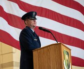 U.S. Air Force Col. Richard Zeigler, 5th Mission Support Group commander, speaks on becoming the incoming 5th Mission Support Group commander during a change of command ceremony at Minot Air Force Base, North Dakota, June 2, 2025. A change of command ceremony is a formal military tradition that signifies the transfer of authority and responsibility from one commander to another in a public event. (U.S. Air Force photo by Airman 1st Class Wesley Davies)