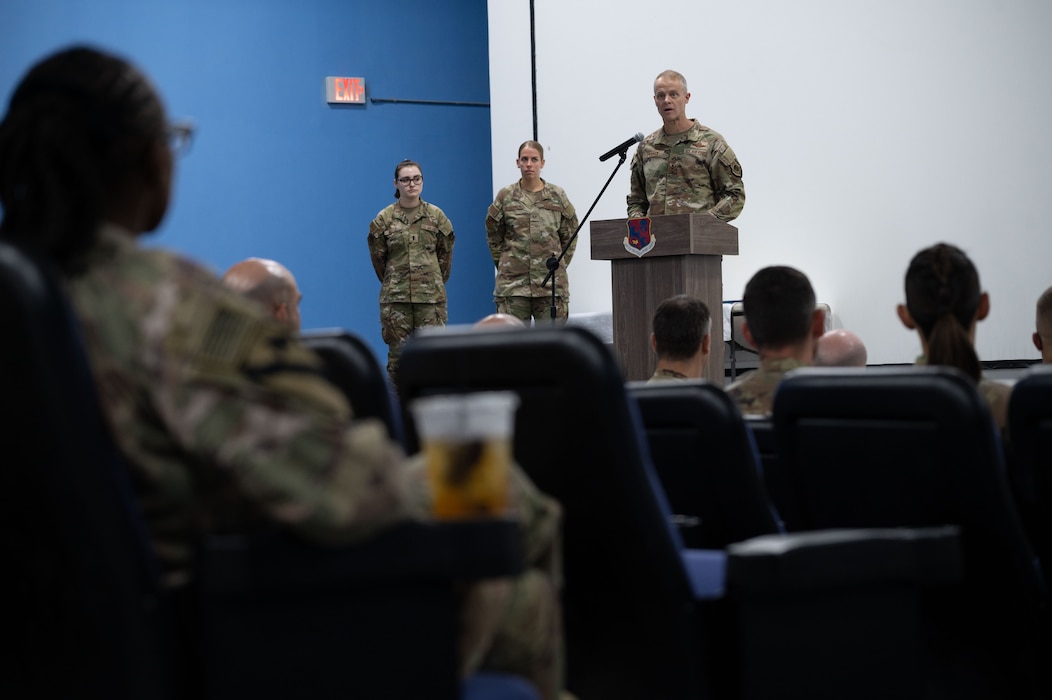 U.S. Air Force Lt. Gen. Derek France, Ninth Air Force (Air Forces Central) commander, speaks at the 1st Expeditionary Theater Support Group change of command ceremony within the U.S. Central Command area of responsibility, May 30, 2025. The ceremony saw Col. Matthew Borawski, outgoing 1st ETSG commander, relinquish command to Col. Ross E. Dotzlaf, incoming 1st ETSG commander. (U.S. Air Force photo by Senior Airman Dieondiere Jefferies)